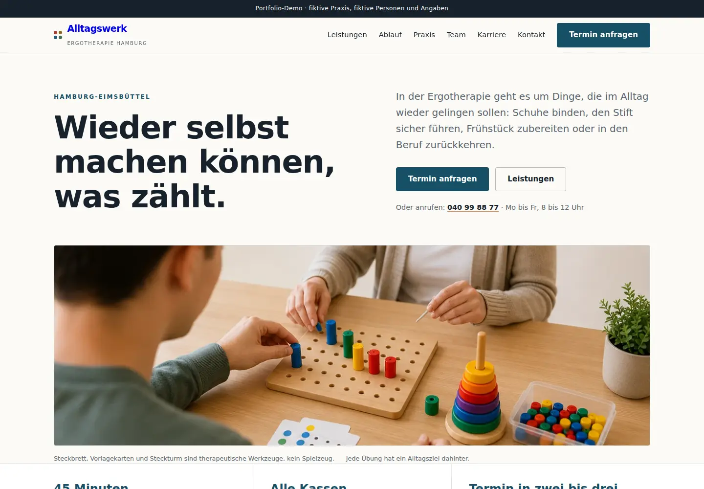 Desktopansicht der fiktiven Ergotherapie-Website Alltagswerk