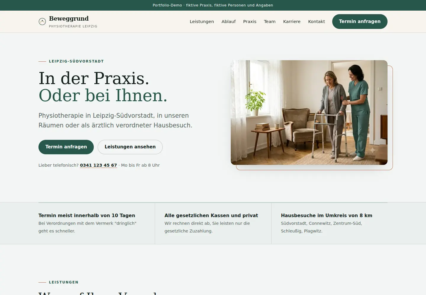 Desktopansicht der fiktiven Physiotherapie-Demo Beweggrund